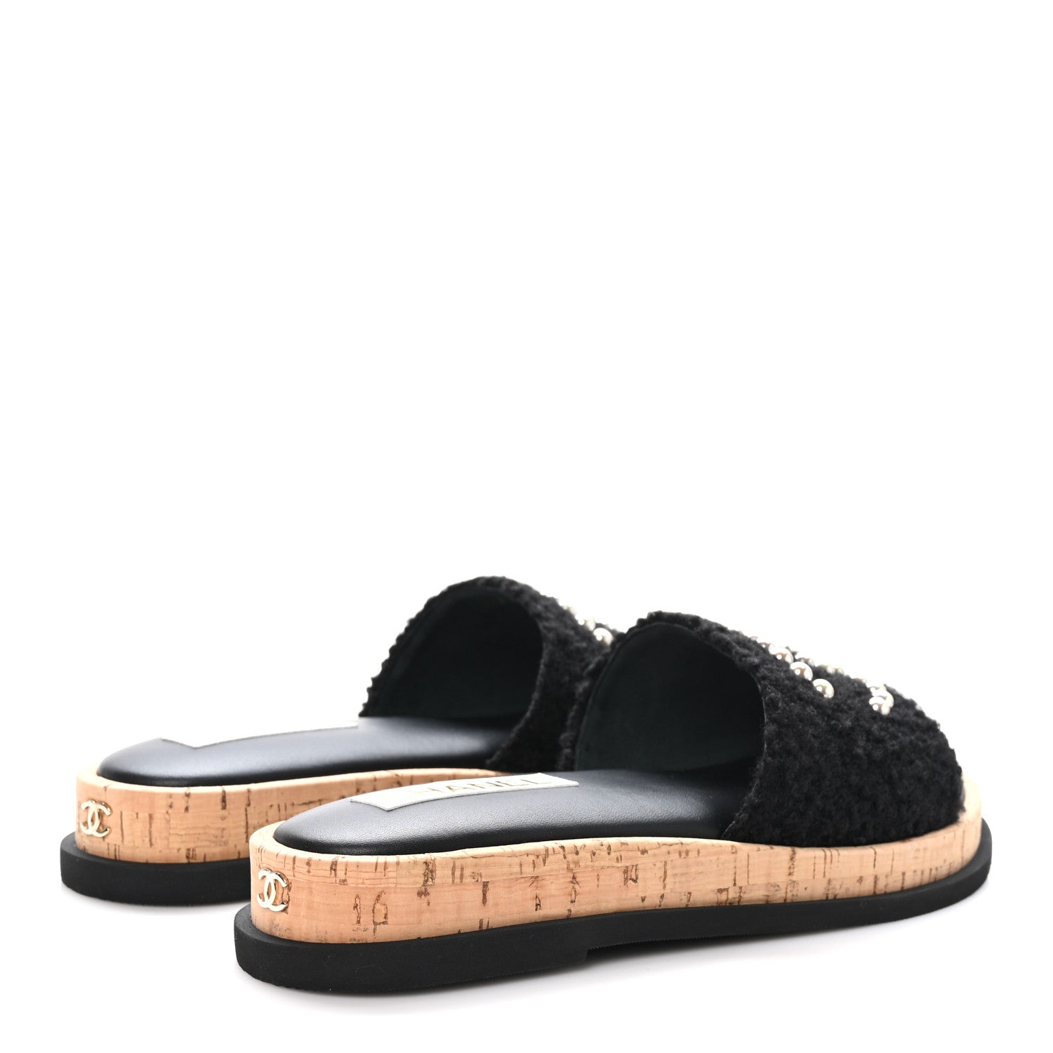 Chanel Fabric Pearl Cork CC Slip On Sandals 40 Black 4 of 9