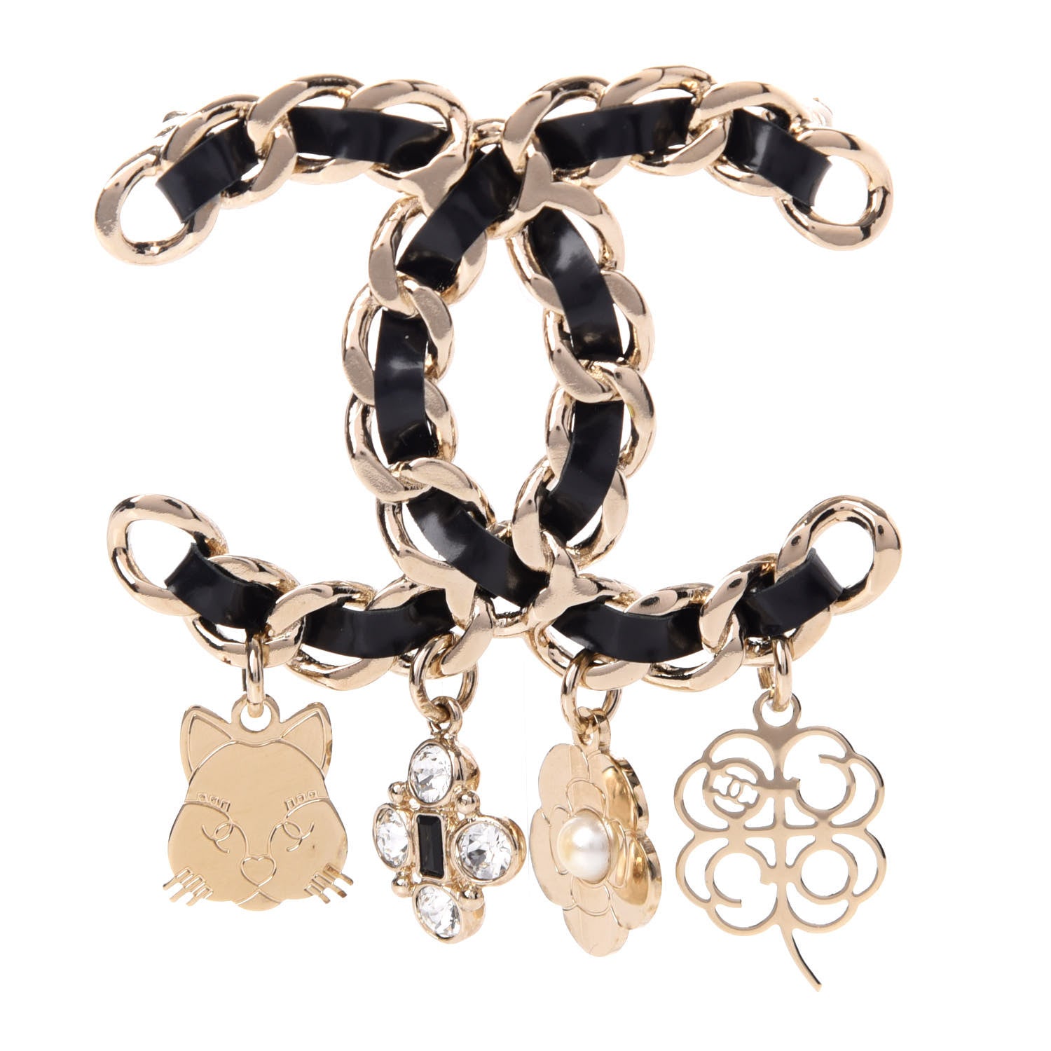 Chanel Lambskin Crystal Chain CC Charms Brooch Black Gold 1 of 5