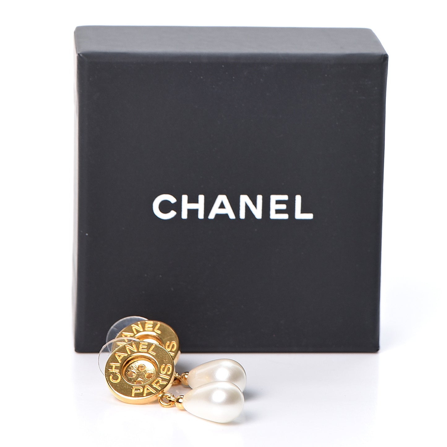 Metal Pearl Paris Button Drop Earrings Gold