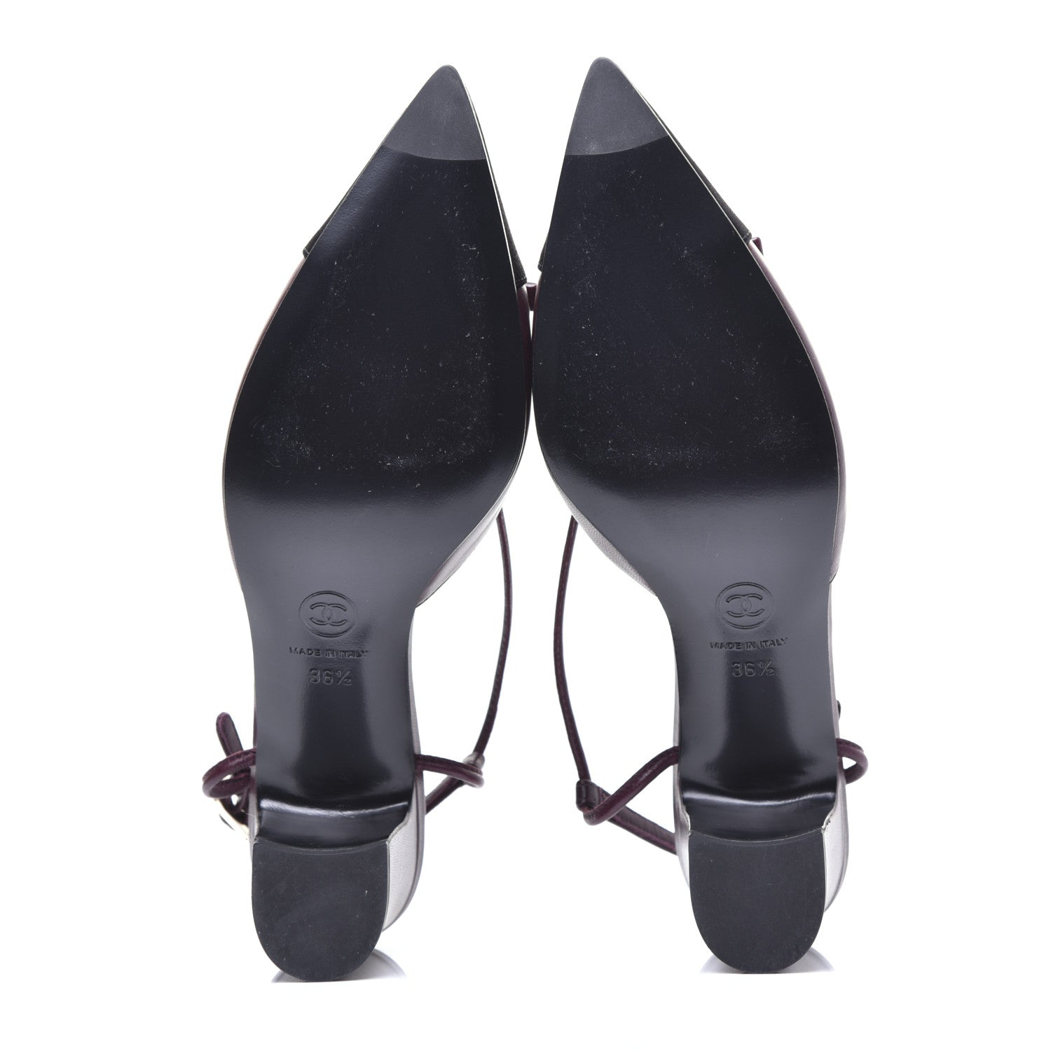 Chanel Lambskin Satin Slingback Cap Toe Bow Pumps 36.5 Burgundy Black 10 of 14