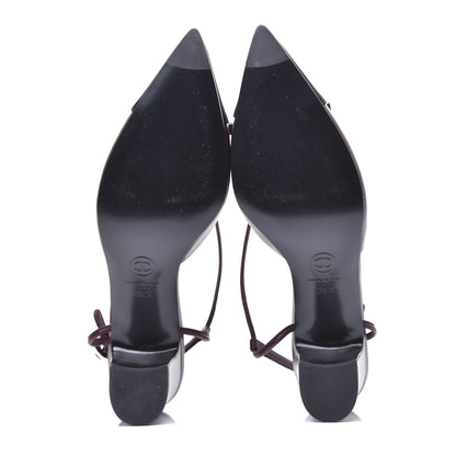 Chanel Lambskin Satin Slingback Cap Toe Bow Pumps 36.5 Burgundy Black 10 of 14