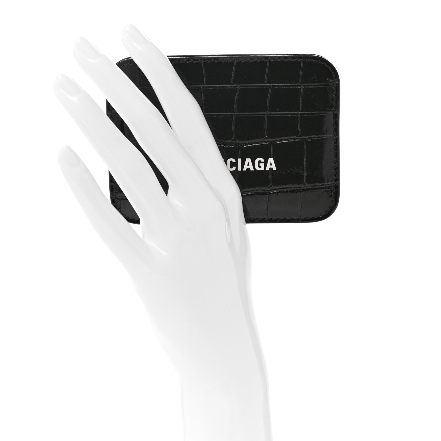 Balenciaga Shiny Calfskin Logo Crocodile Embossed Cash Rounded Card Holder Black White 2 of 9