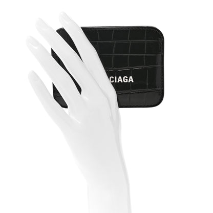 Balenciaga Shiny Calfskin Logo Crocodile Embossed Cash Rounded Card Holder Black White 2 of 9