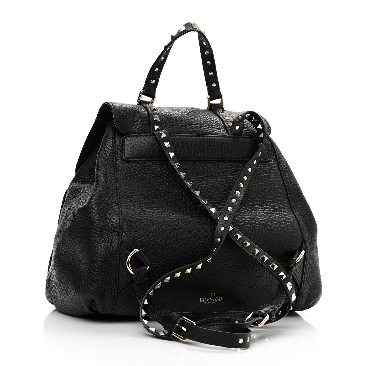 Pebbled Calfskin Rockstud Double Pocket Backpack Black