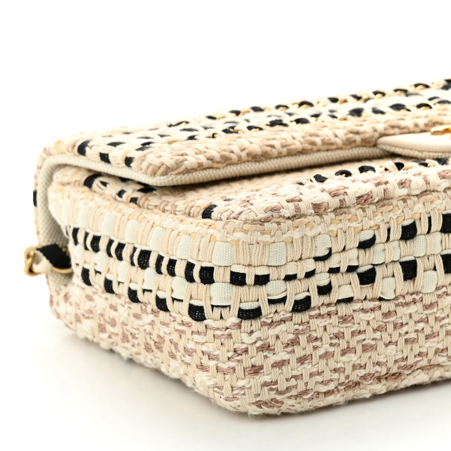 Cotton Raffia Lambskin Woven Medium Single Flap Beige Black