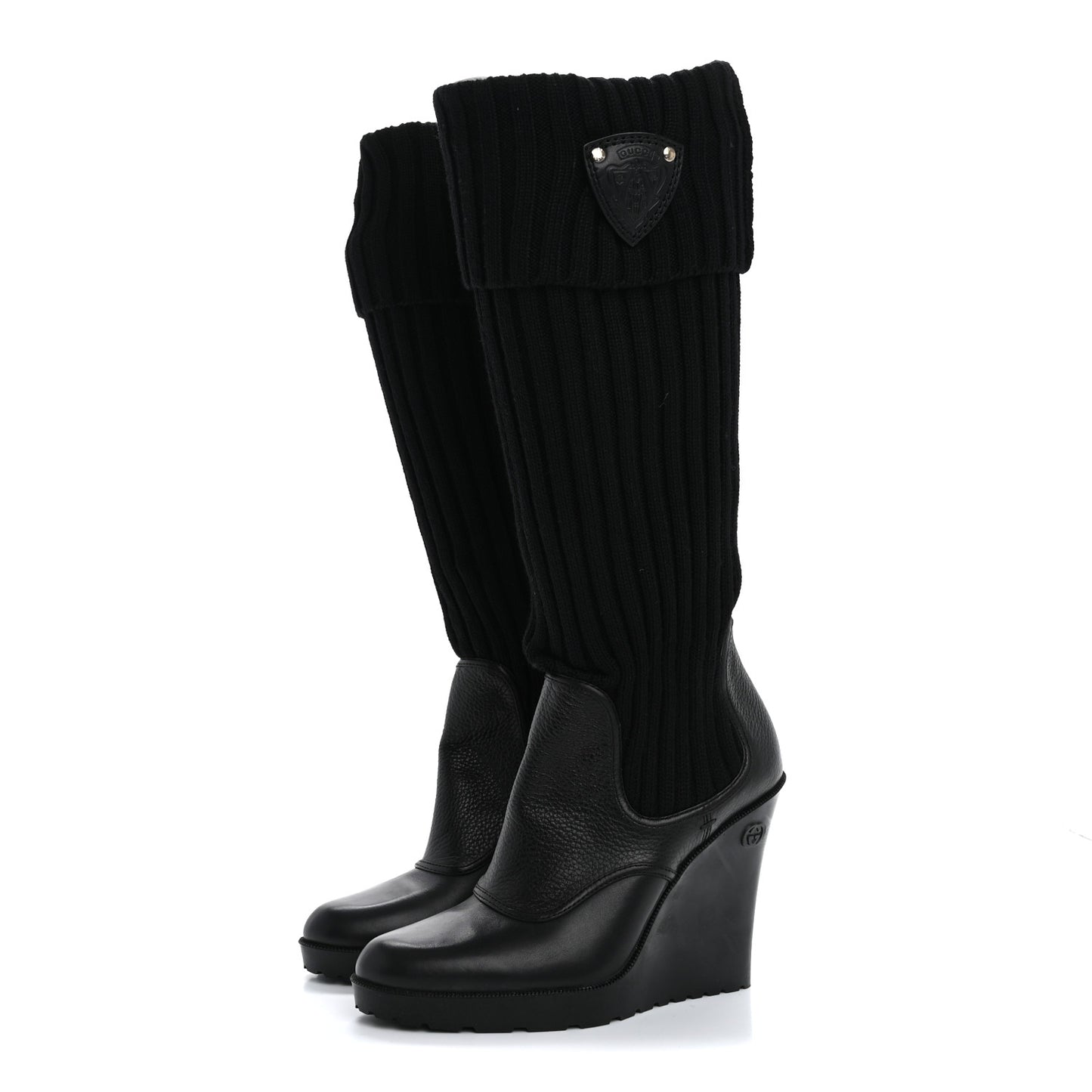 Wool Calfskin Knee Length Sock Boots 37.5 Black