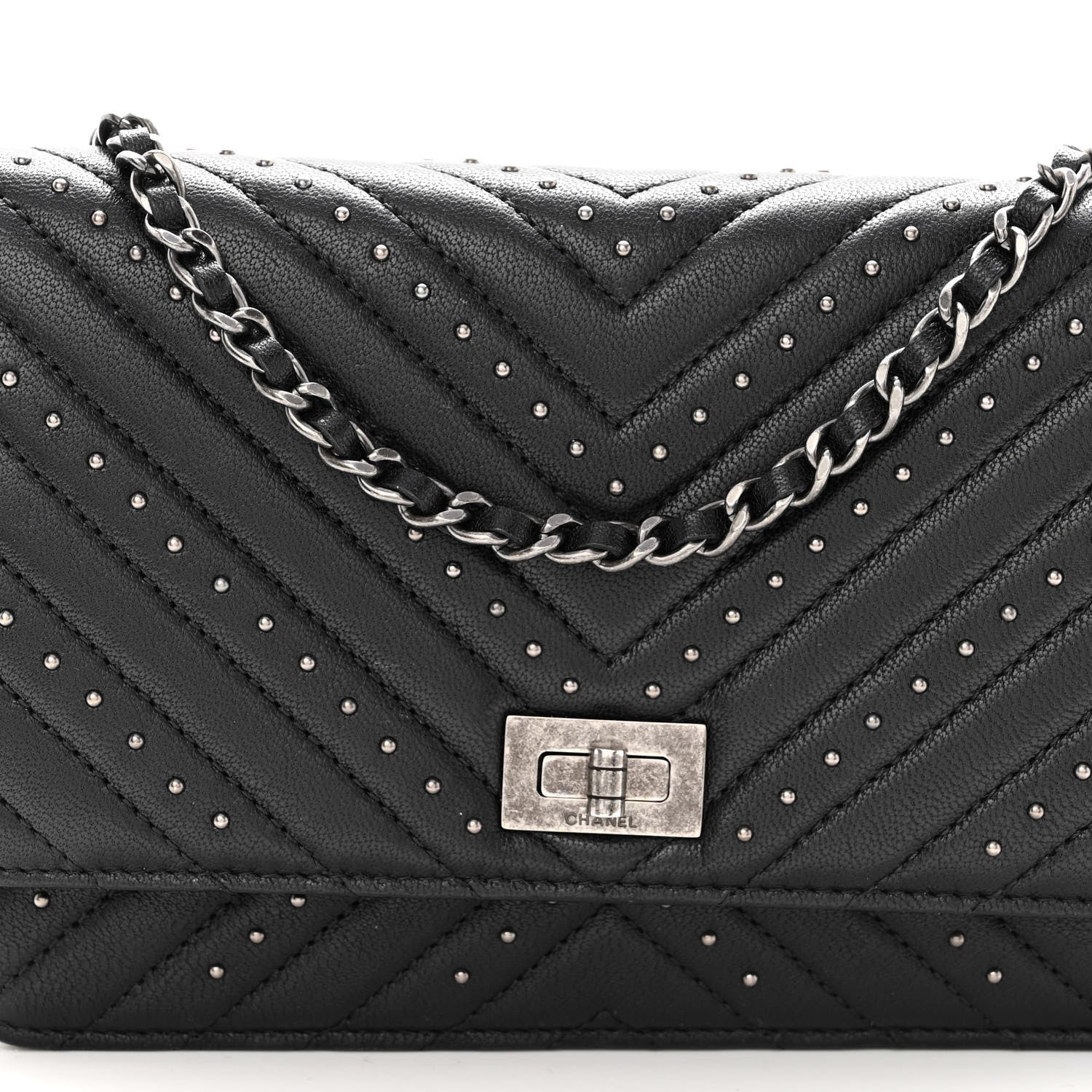 Chanel Sheepskin Chevron Quilted Studded Reissue Wallet On Chain WOC Black 9 of 12