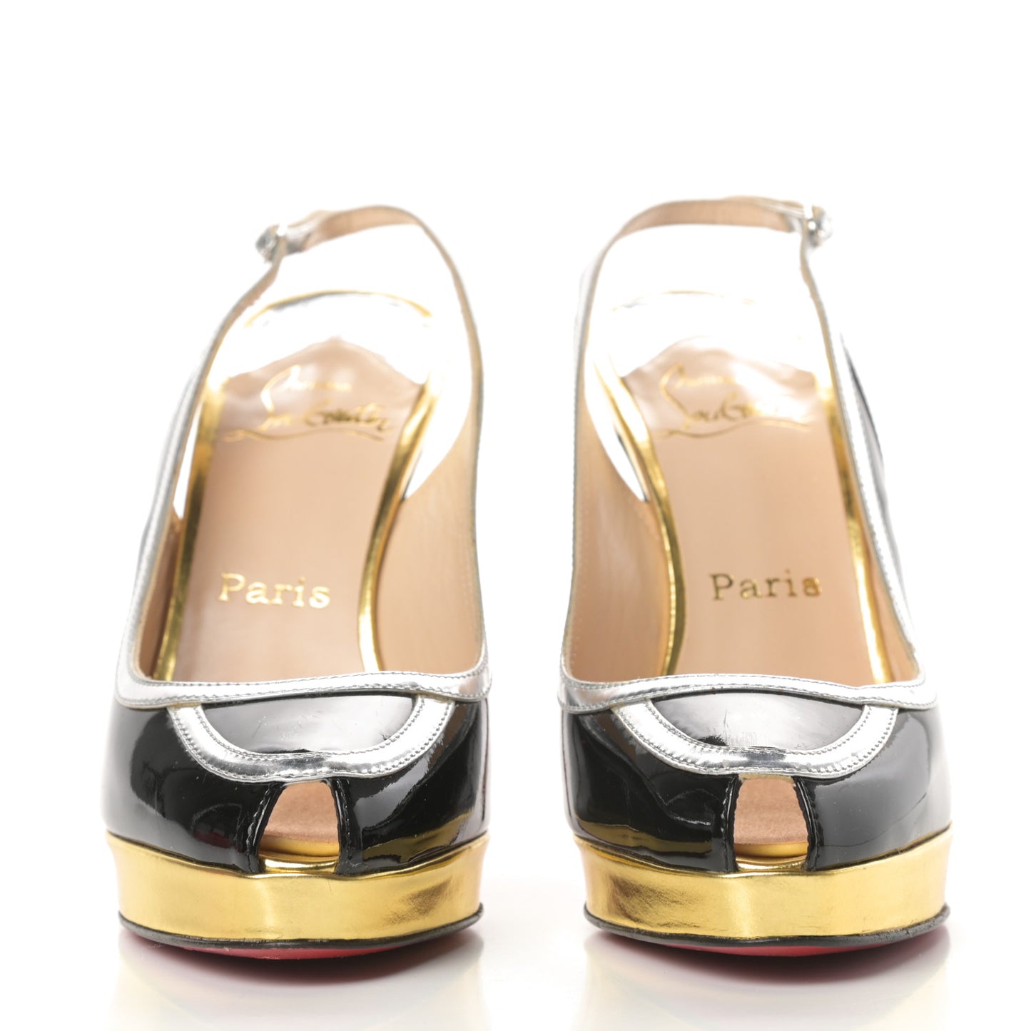 Patent Calfskin Round Toe Platform Slingback Pumps 37.5 Black