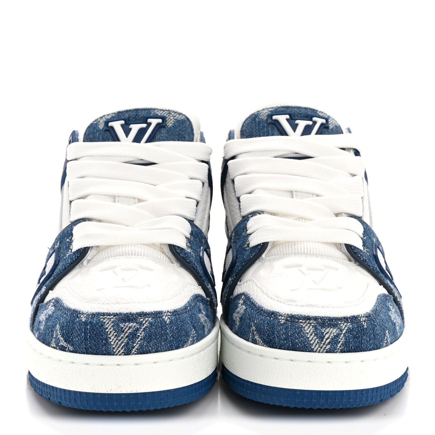 Louis Vuitton Calfskin Embossed Monogram Denim Womens LV Trainer Sneakers 35.5 Blue 3 of 9