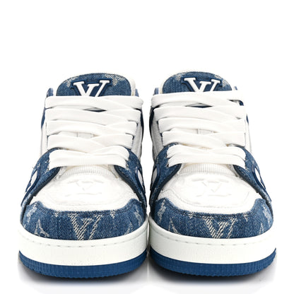 Louis Vuitton Calfskin Embossed Monogram Denim Womens LV Trainer Sneakers 35.5 Blue 3 of 9