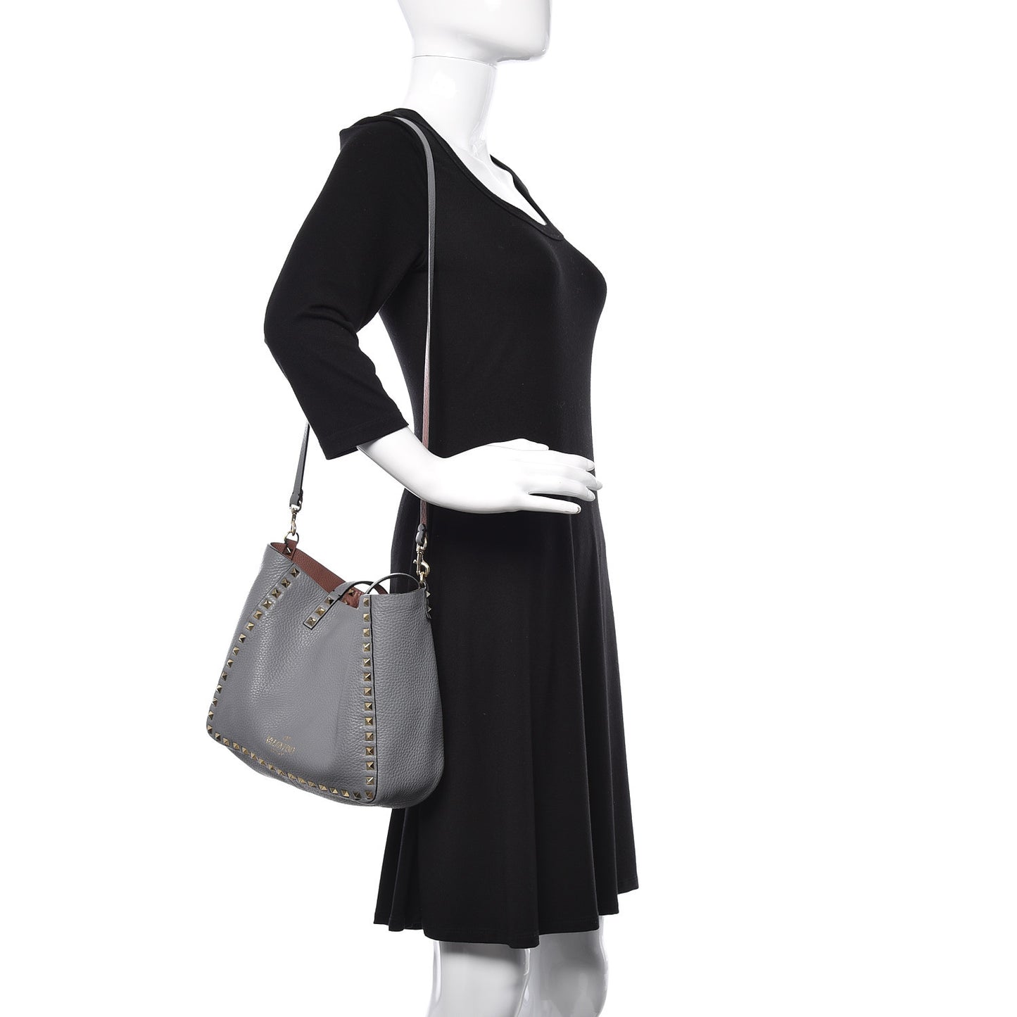 Grained Calfskin Small Rockstud Reversible Tote Grey Dark Rose