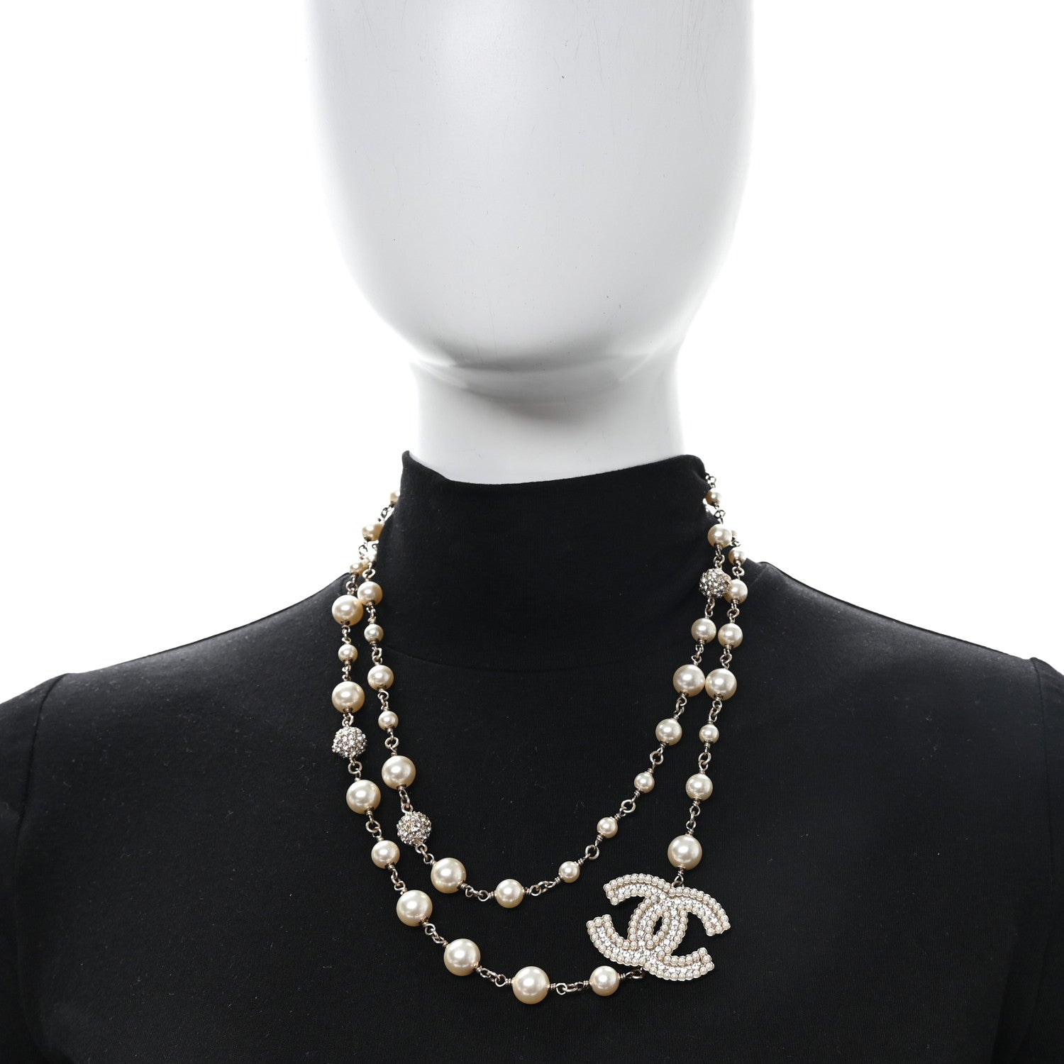 Chanel Graduated Pearl Crystal CC Long Necklace Gold Pearly White 2 of 6