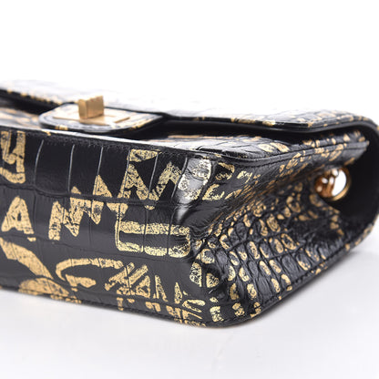 Chanel Calfskin Crocodile Embossed Graffiti 2.55 Mini Cocodile Reissue Flap Black Gold 9 of 10