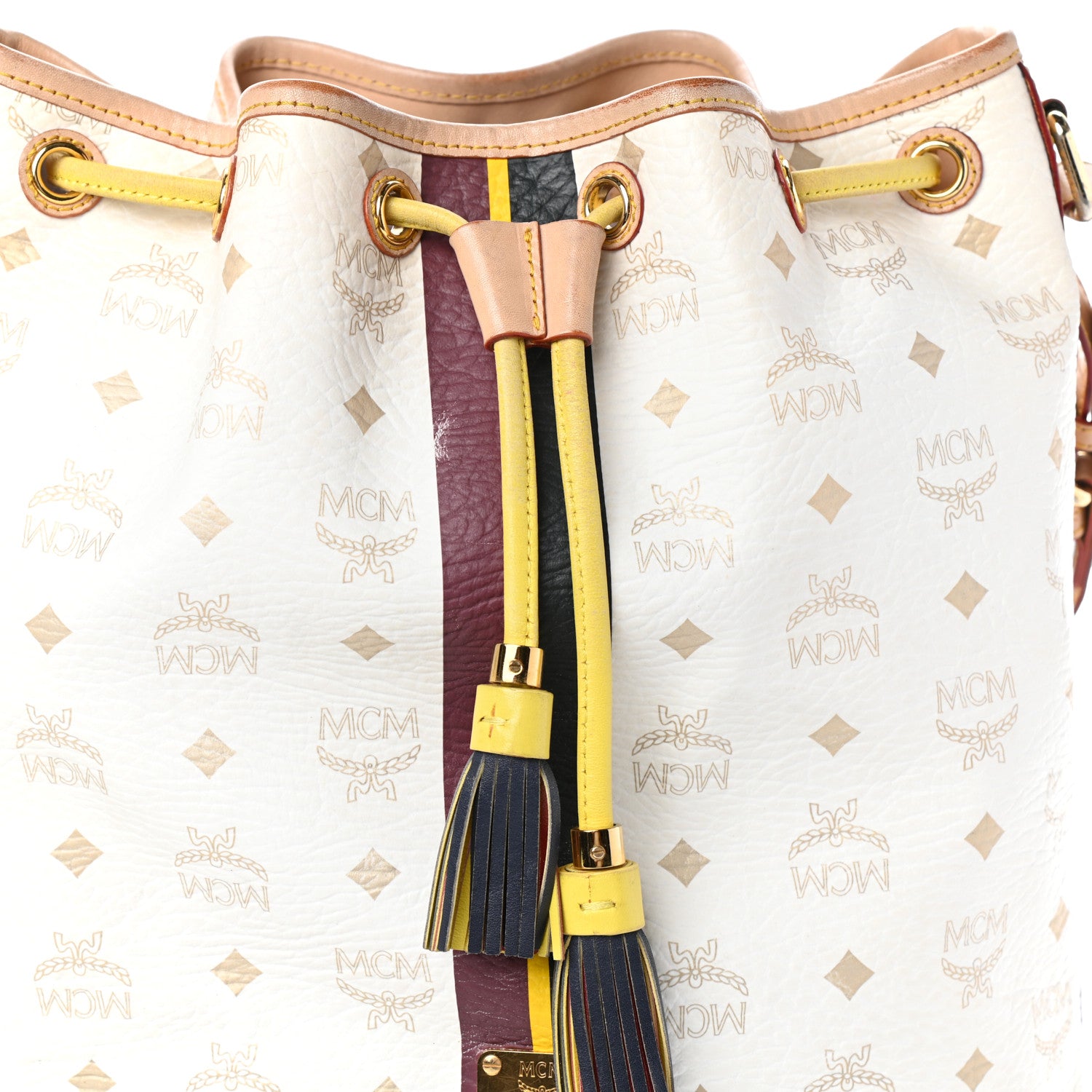 MCM Visetos Stripe Drawstring Bucket Bag White 7 of 10