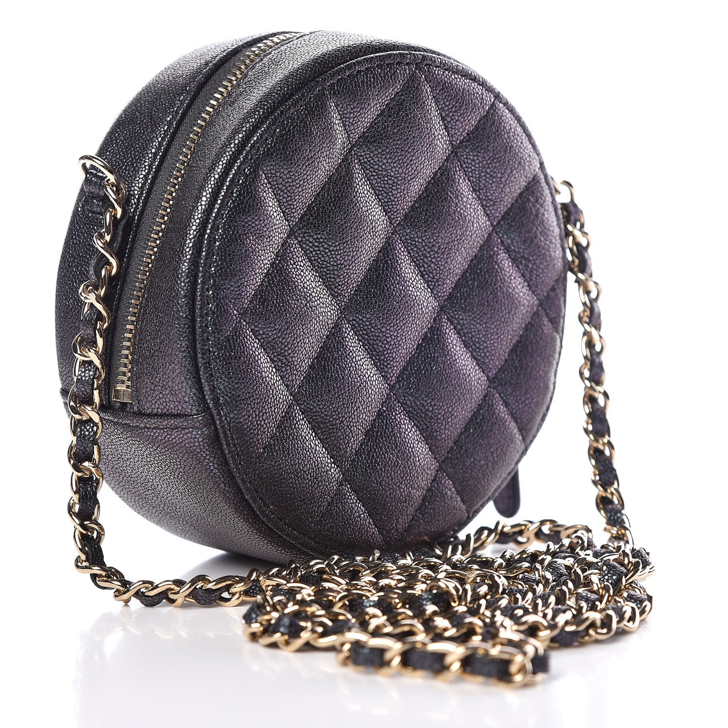 Iridescent Caviar Quilted Round Clutch With Chain Black