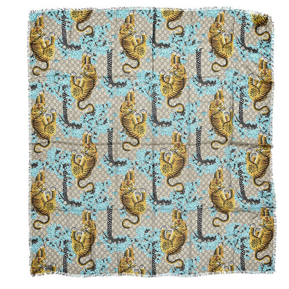 Gucci Modal Silk GG Monogram Supreme Tiger Shawl Rope Sky Blue 1 of 4
