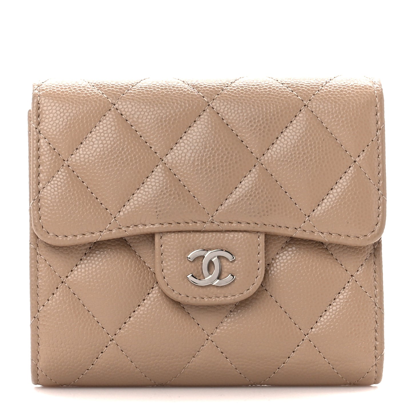 Caviar Quilted Compact Flap Wallet Beige