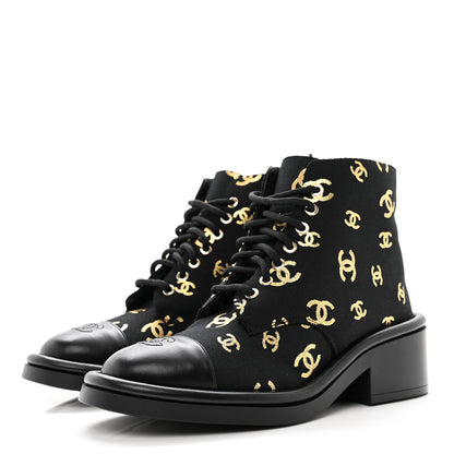 Chanel Lambskin Shearling Canvas CC Lace Up Boots 38.5 Black Gold 3 of 9