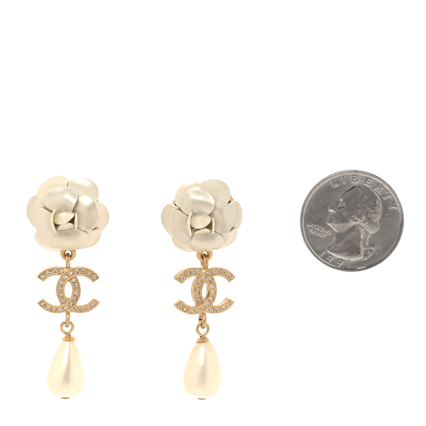 Metal Crystal Pearl 90s Camellia CC Drop Earrings Gold