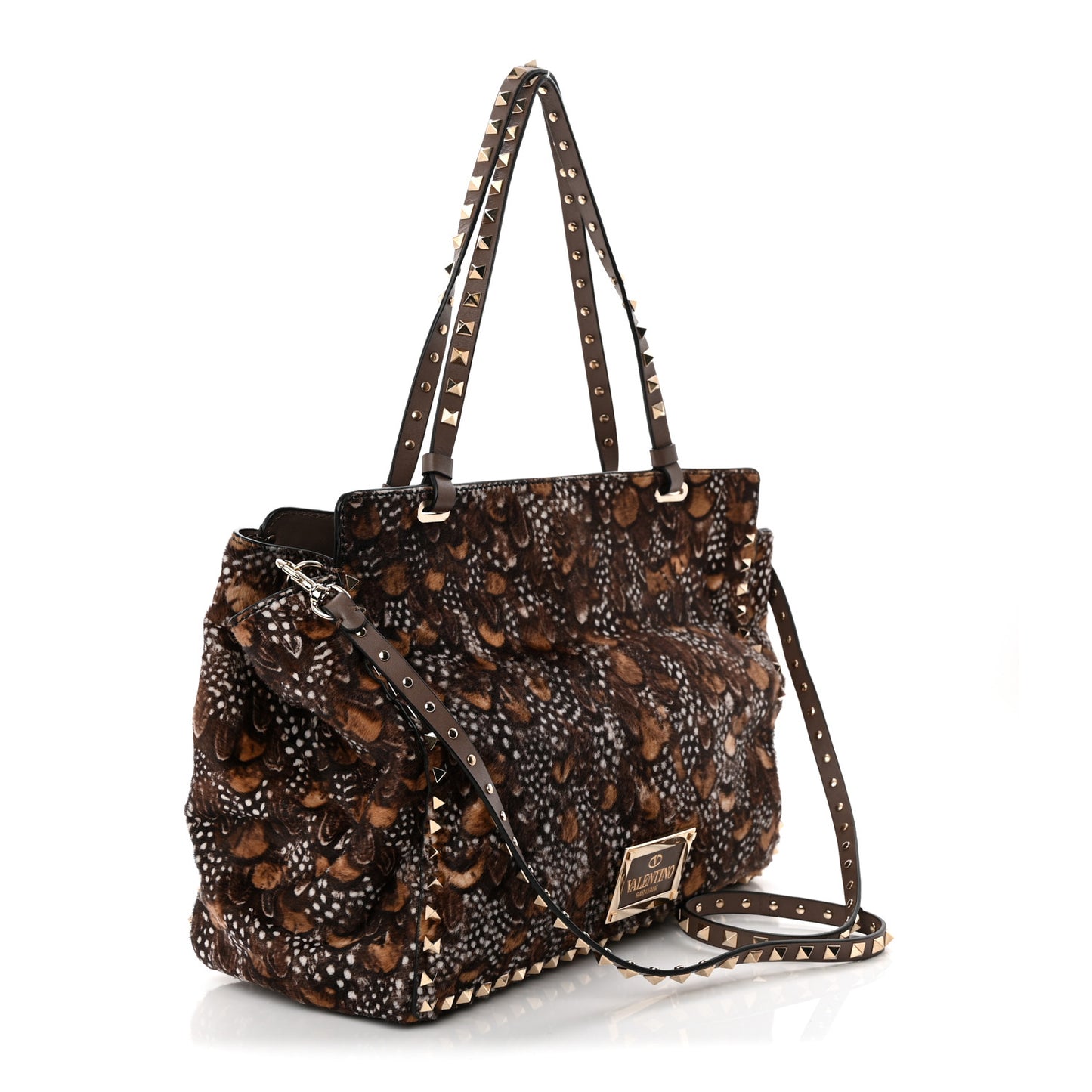 Calf Hair Feather Medium Rockstud Tote Brown