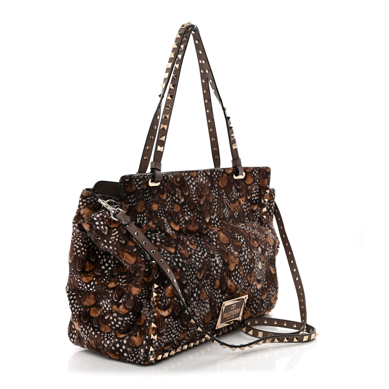 Valentino Garavani Calf Hair Feather Medium Rockstud Tote Brown 3 of 11