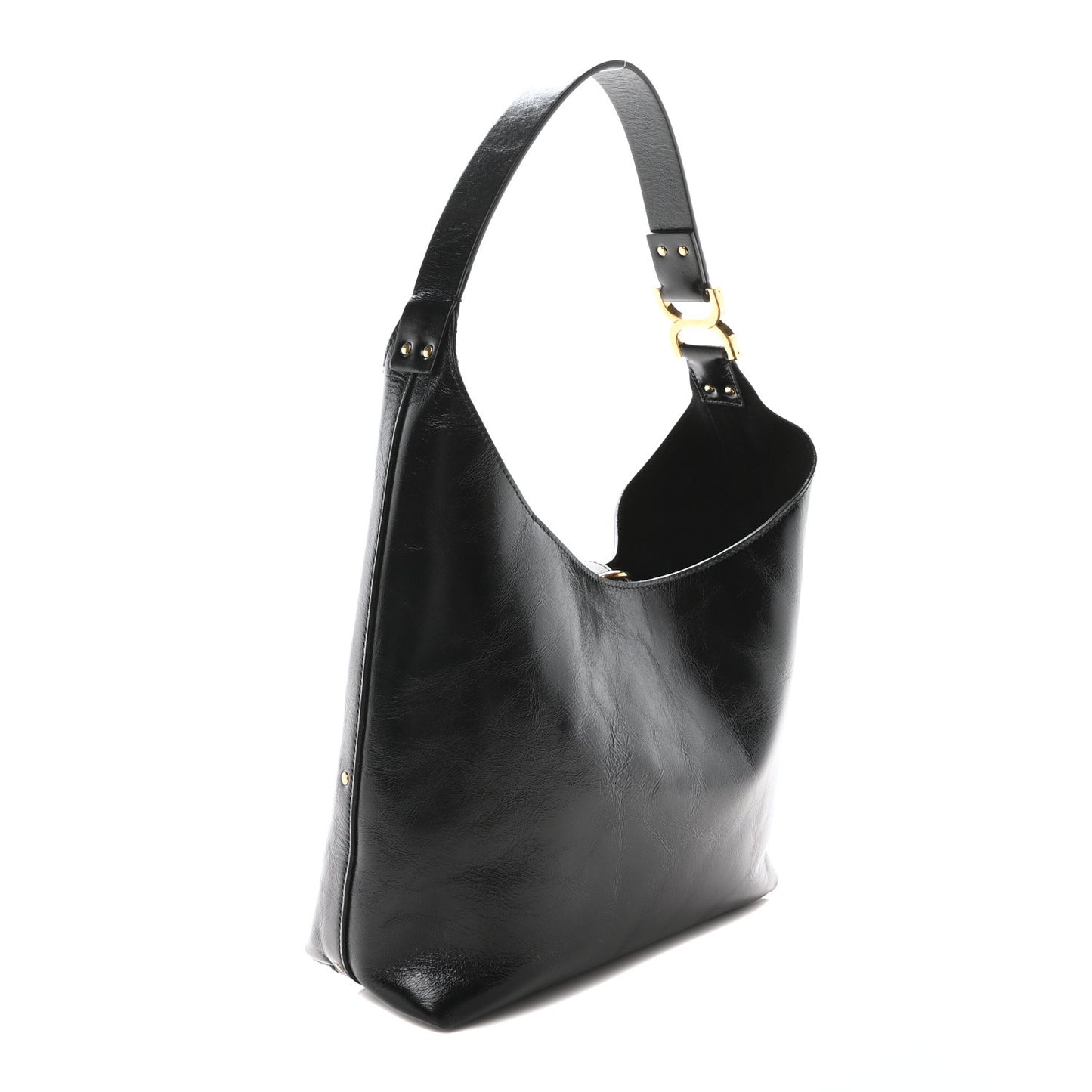 Shiny Calfskin Marcie Hobo Bag Black