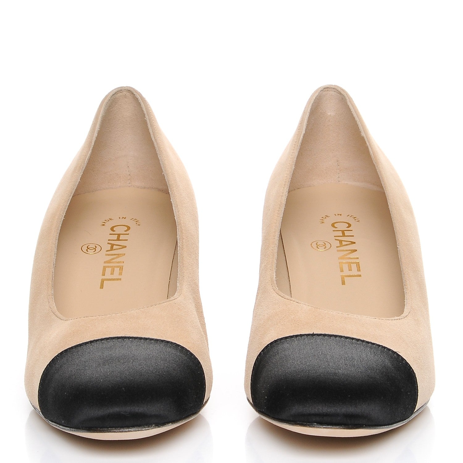 Chanel Suede Satin Cap Toe Low Heel Pumps 39 Beige Black 2 of 9