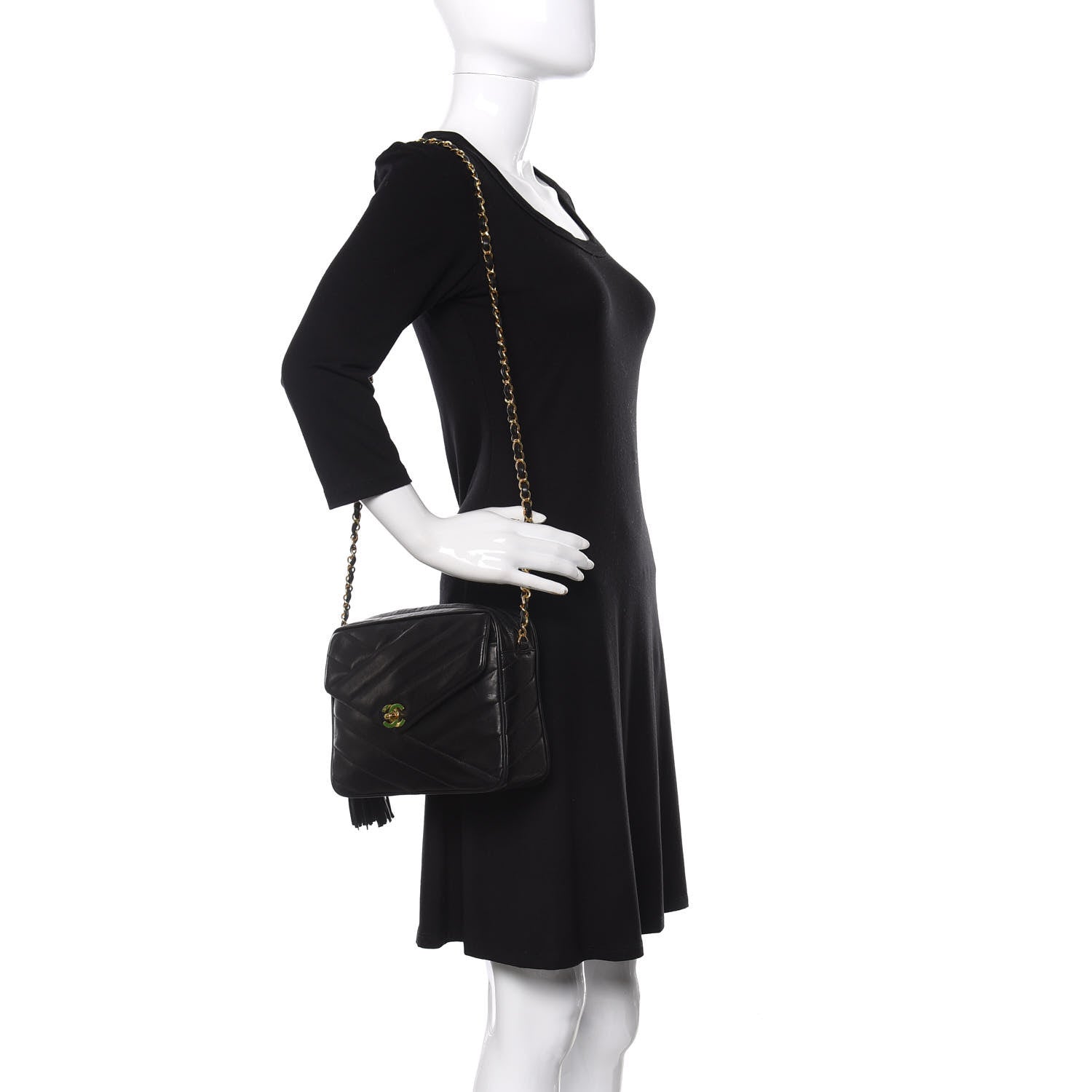 Chanel Lambskin Chevron Quilted Tassel Camera Case Black 2 of 12