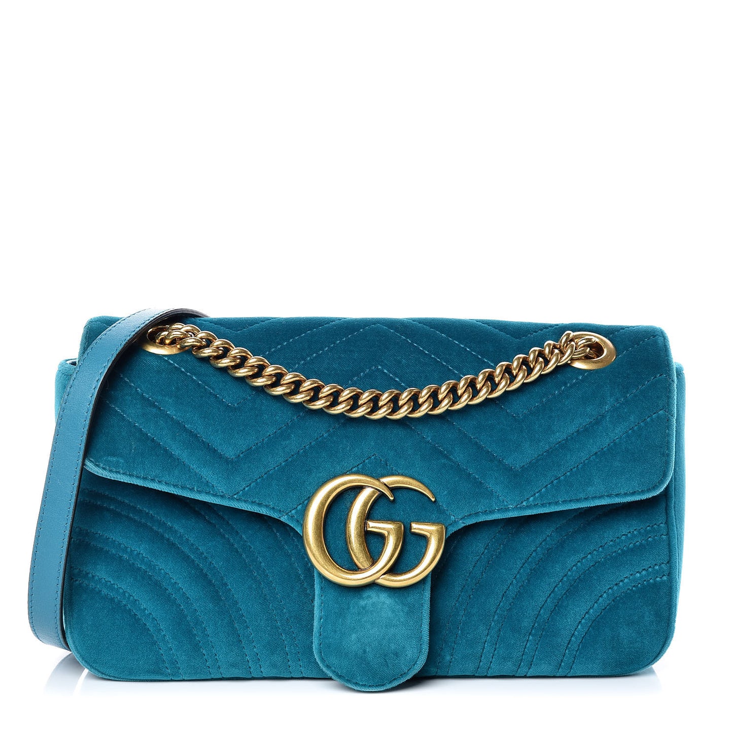 Velvet Matelasse Small GG Marmont Shoulder Bag Pavone Cyan