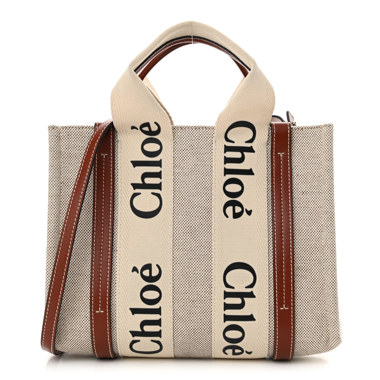 Chloe Cotton Calfskin Small Woody Ribbon Tote With Strap White Brown 1 of 10