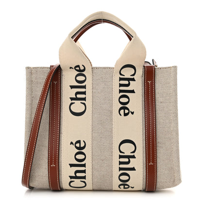 Chloe Cotton Calfskin Small Woody Ribbon Tote With Strap White Brown 1 of 10