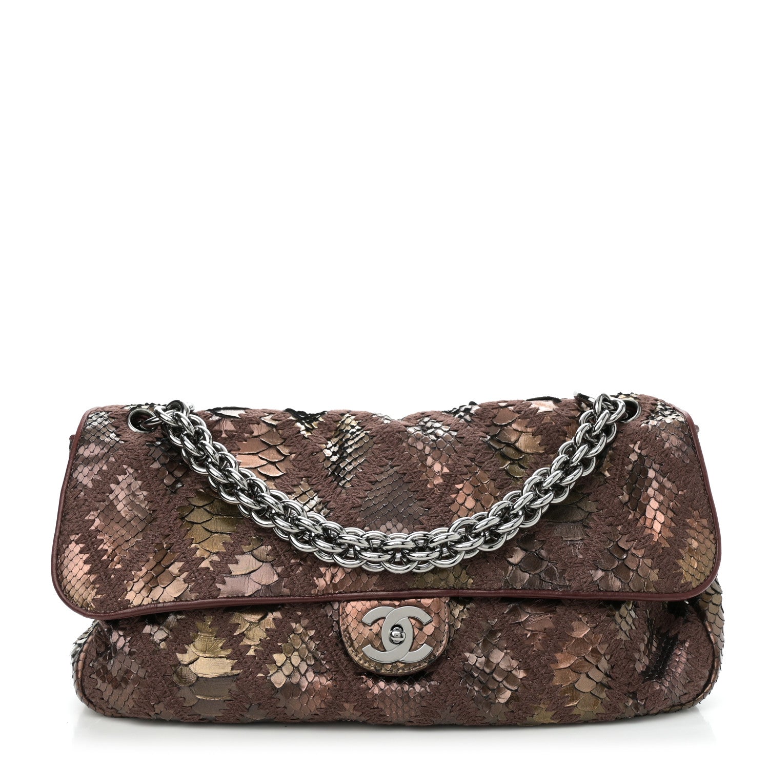 Chanel Metallic Snakeskin Crochet Soft and Chain Maxi Flap Burgundy Multicolor 1 of 11