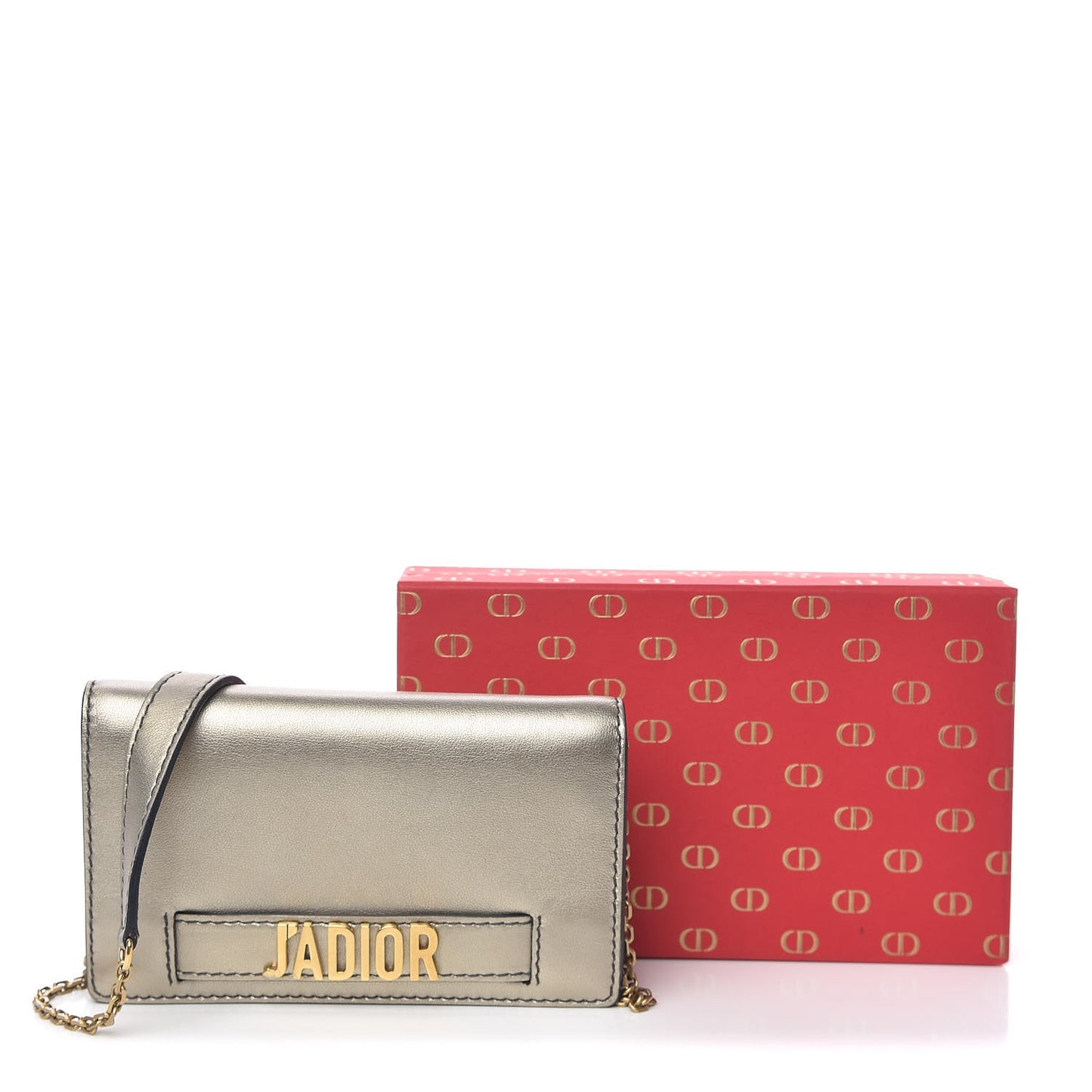 Metallic Calfskin Mini J'Adior Wallet On Chain Pouch Gold