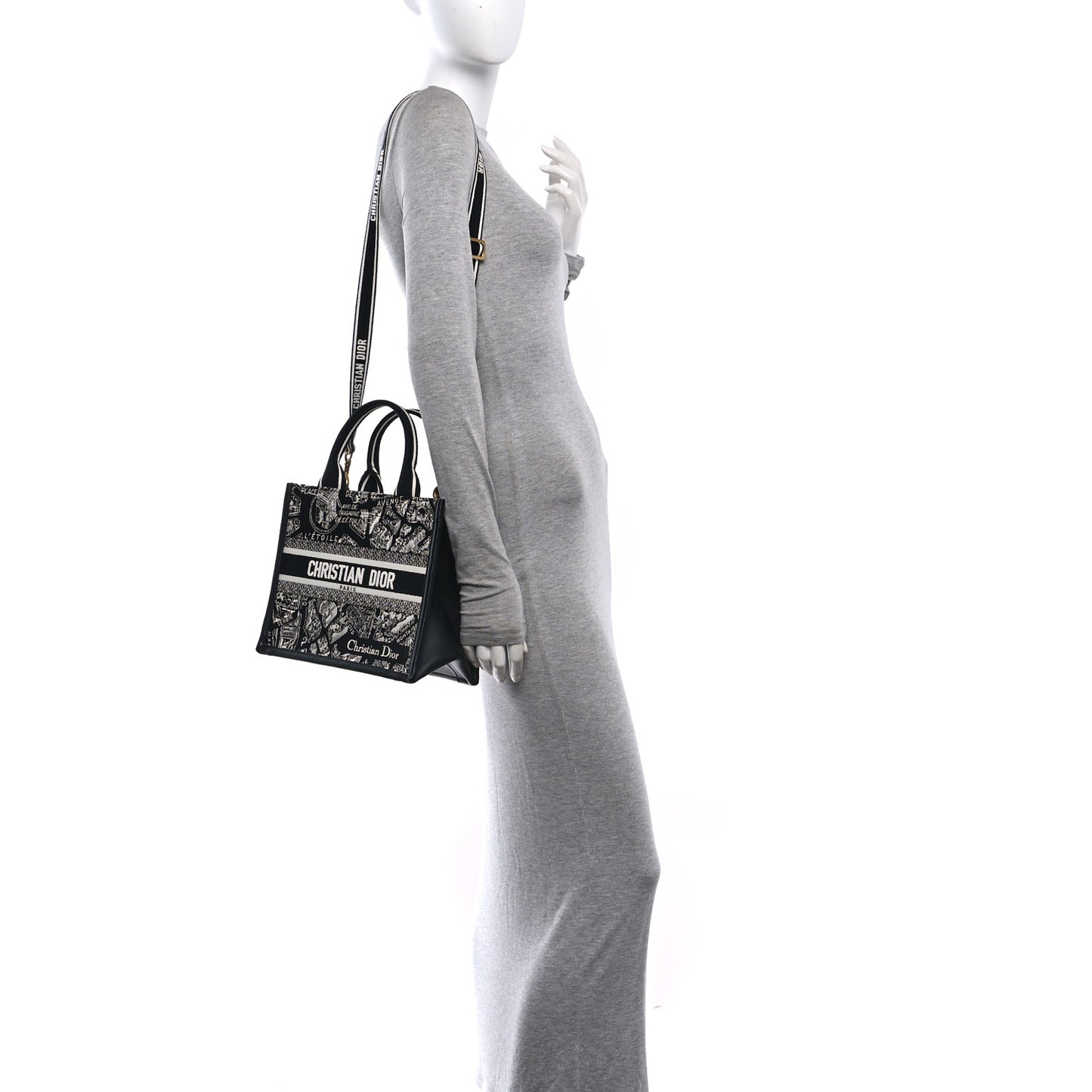 Canvas Calfskin Embroidered Small Plan De Paris Book Tote With Strap Black White