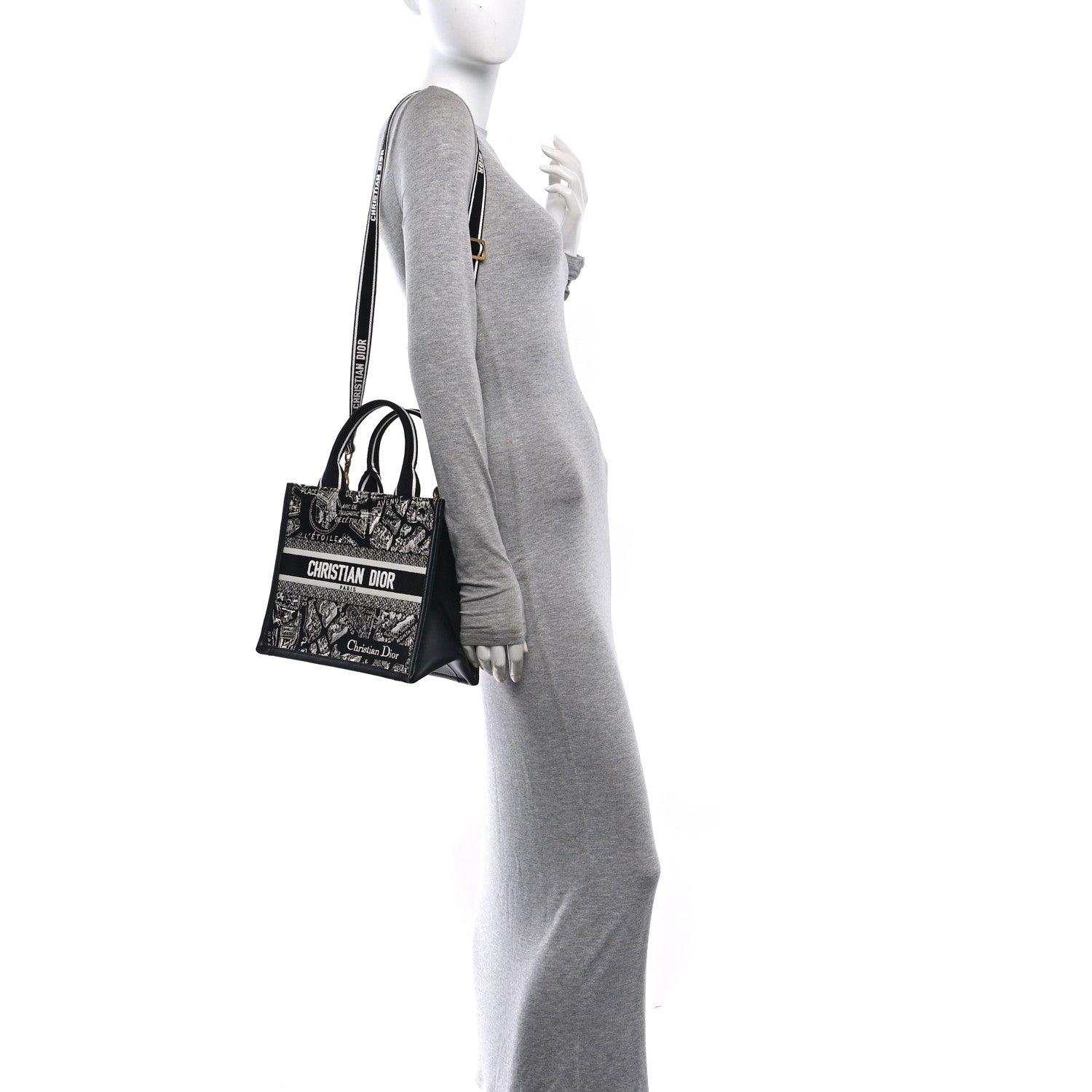 Christian Dior Canvas Calfskin Embroidered Small Plan De Paris Book Tote With Strap Black White 2 of 10