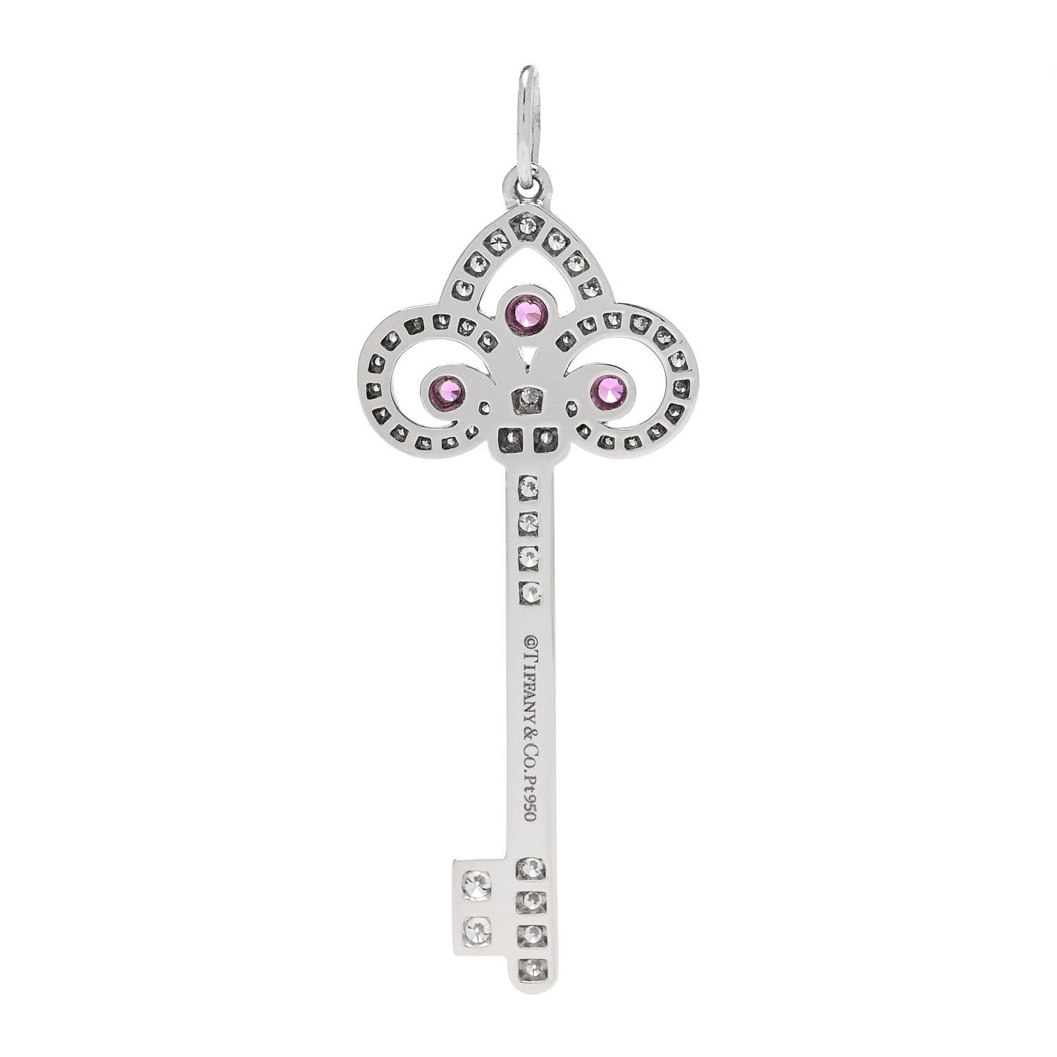 Tiffany Platinum Diamond Pink Sapphire Fleur De Lis Key Pendant 3 of 5