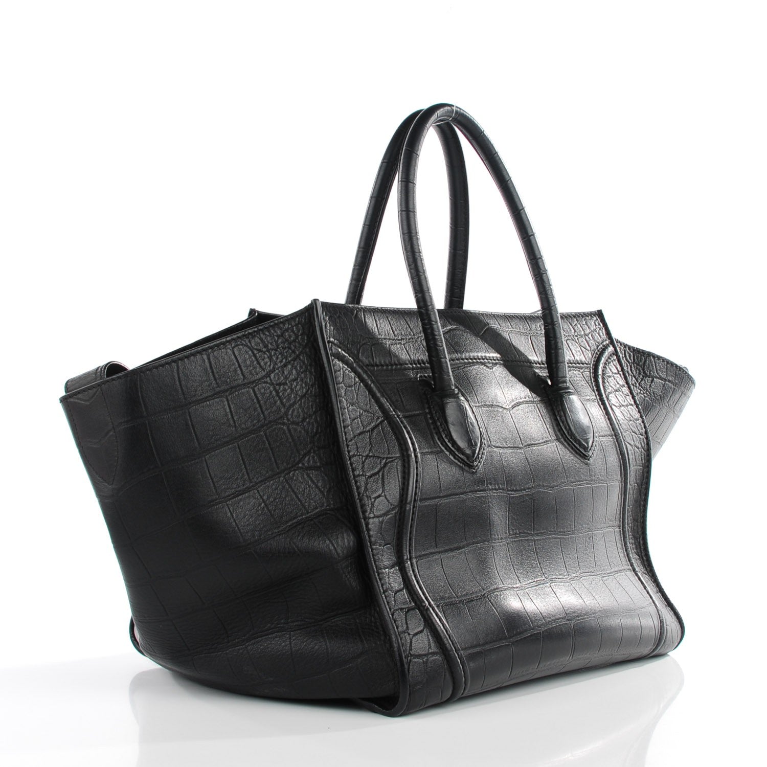 Celine Crocodile Embossed Calfskin Medium Phantom Luggage Black 3 of 9