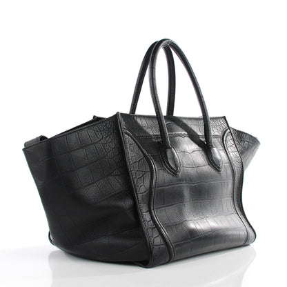 Celine Crocodile Embossed Calfskin Medium Phantom Luggage Black 3 of 9