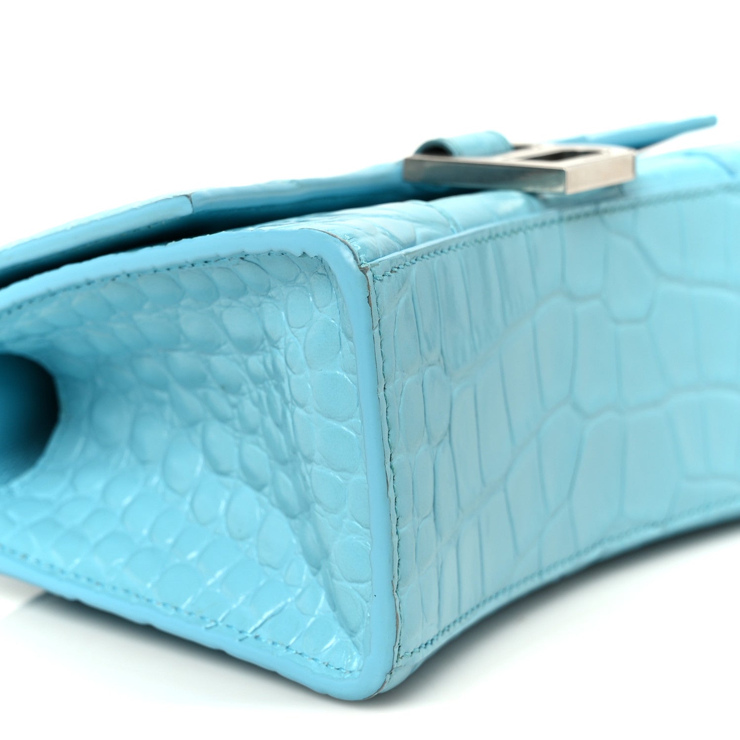 Balenciaga Shiny Calfskin Crocodile Embossed Hourglass Top Handle Bag XS Turquoise 10 of 11