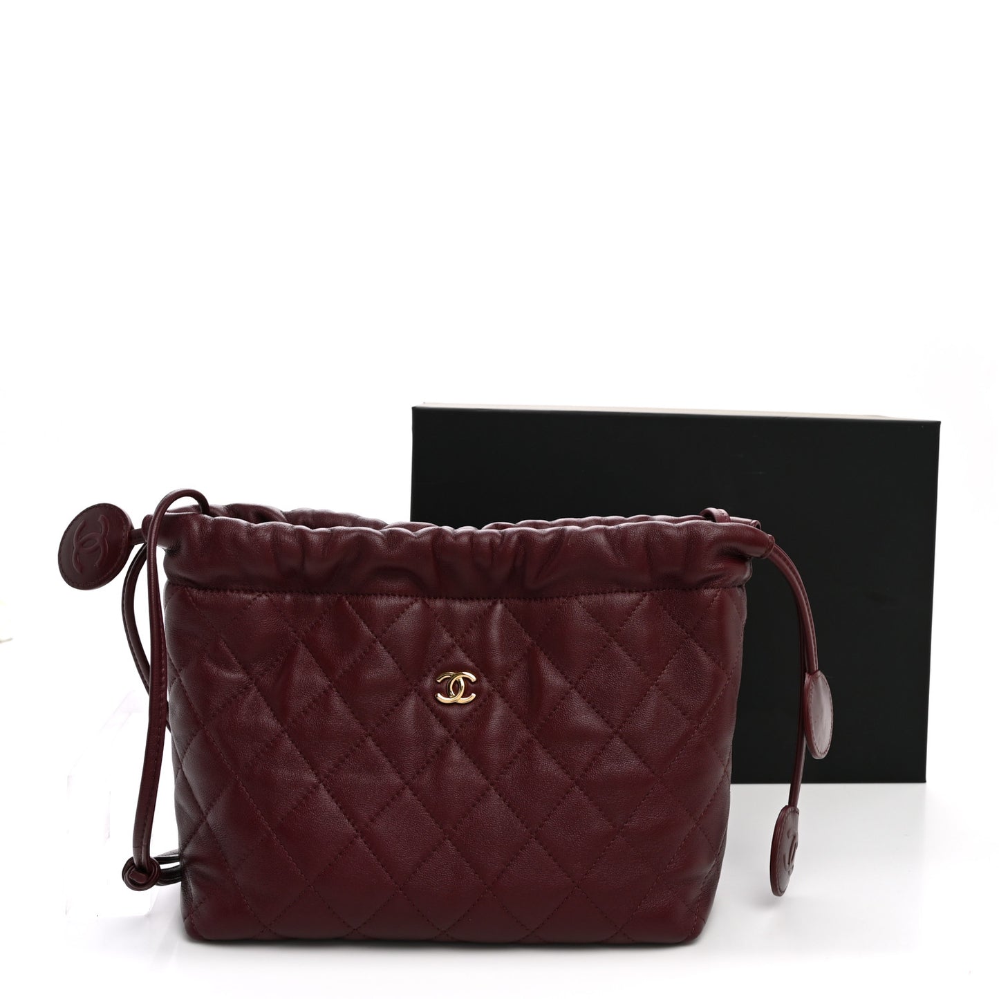 Lambskin Quilted Drawstring Clutch With Strap Dark Burgundy