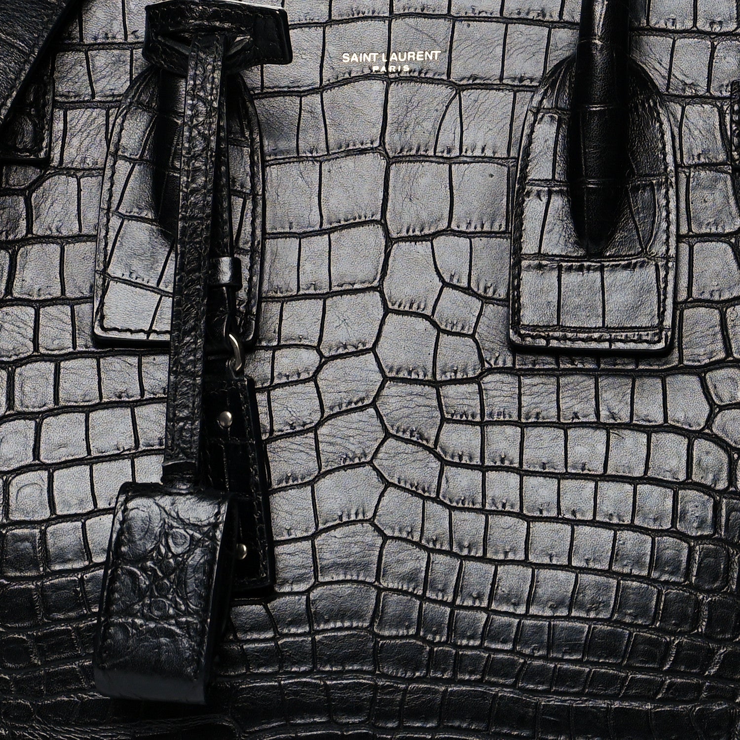 Saint Laurent Calfskin Crocodile Embossed Small Supple Sac de Jour Black 11 of 13