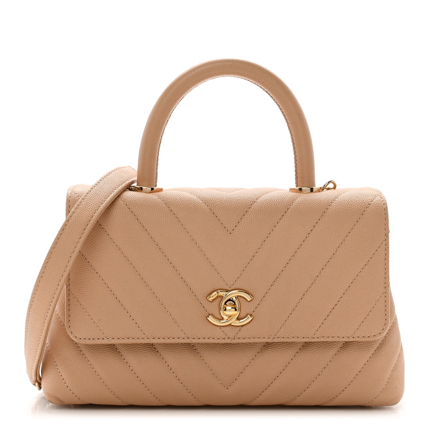 Caviar Chevron Quilted Mini Coco Handle Flap Beige