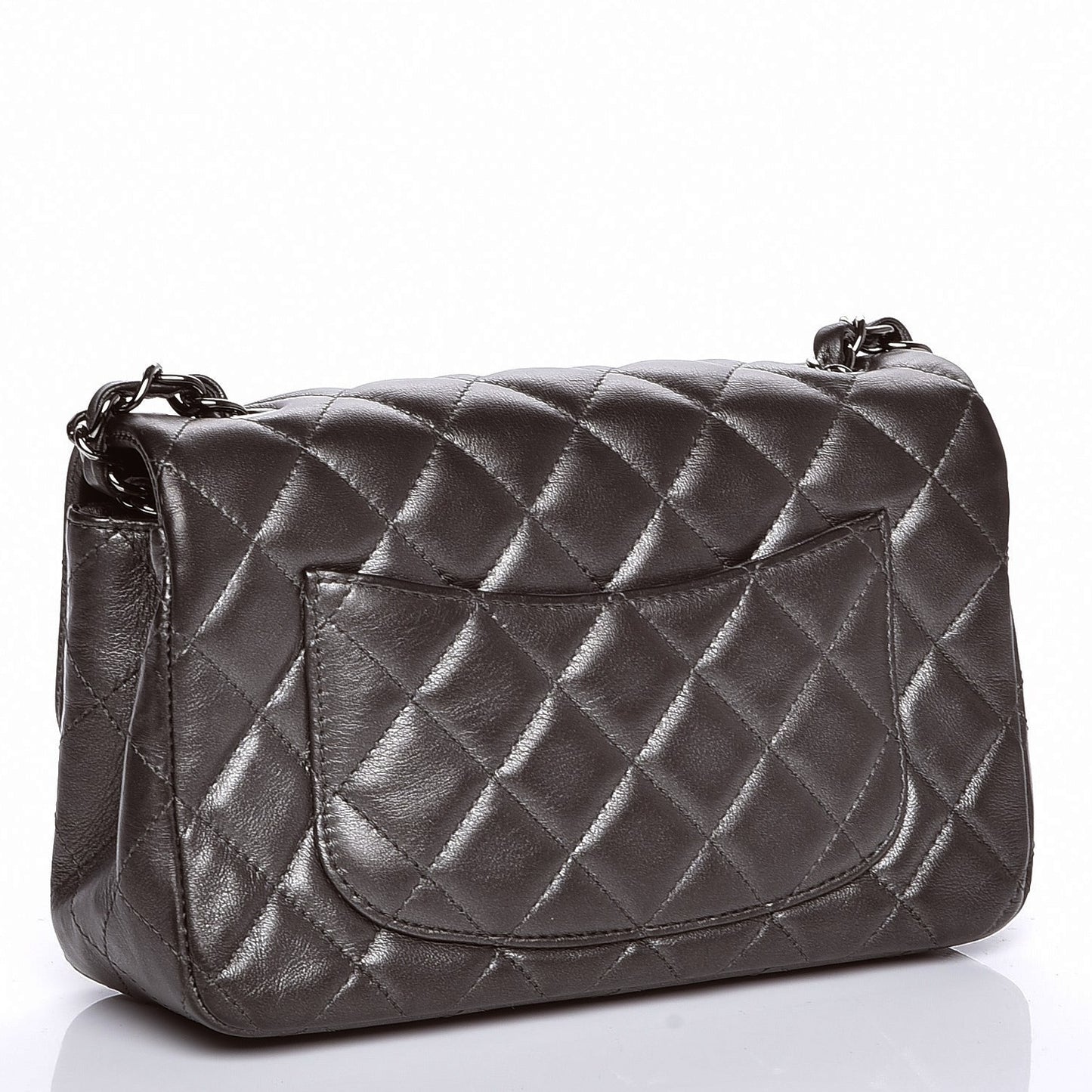 Metallic Calfskin Quilted Mini Rectangular Flap Dark Grey