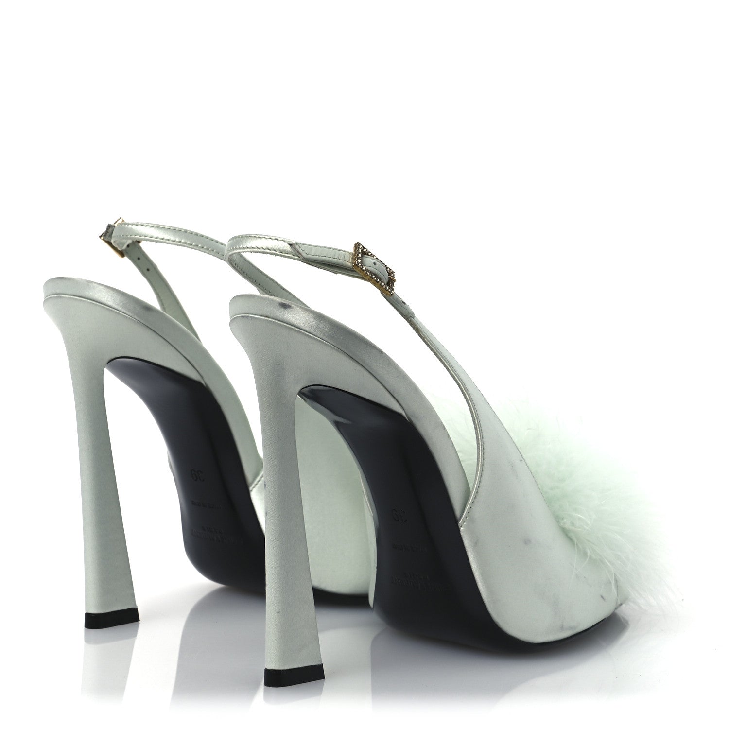 Saint Laurent Crepe Satin Blanco Feathered Sandals 39 Slight Green 5 of 15