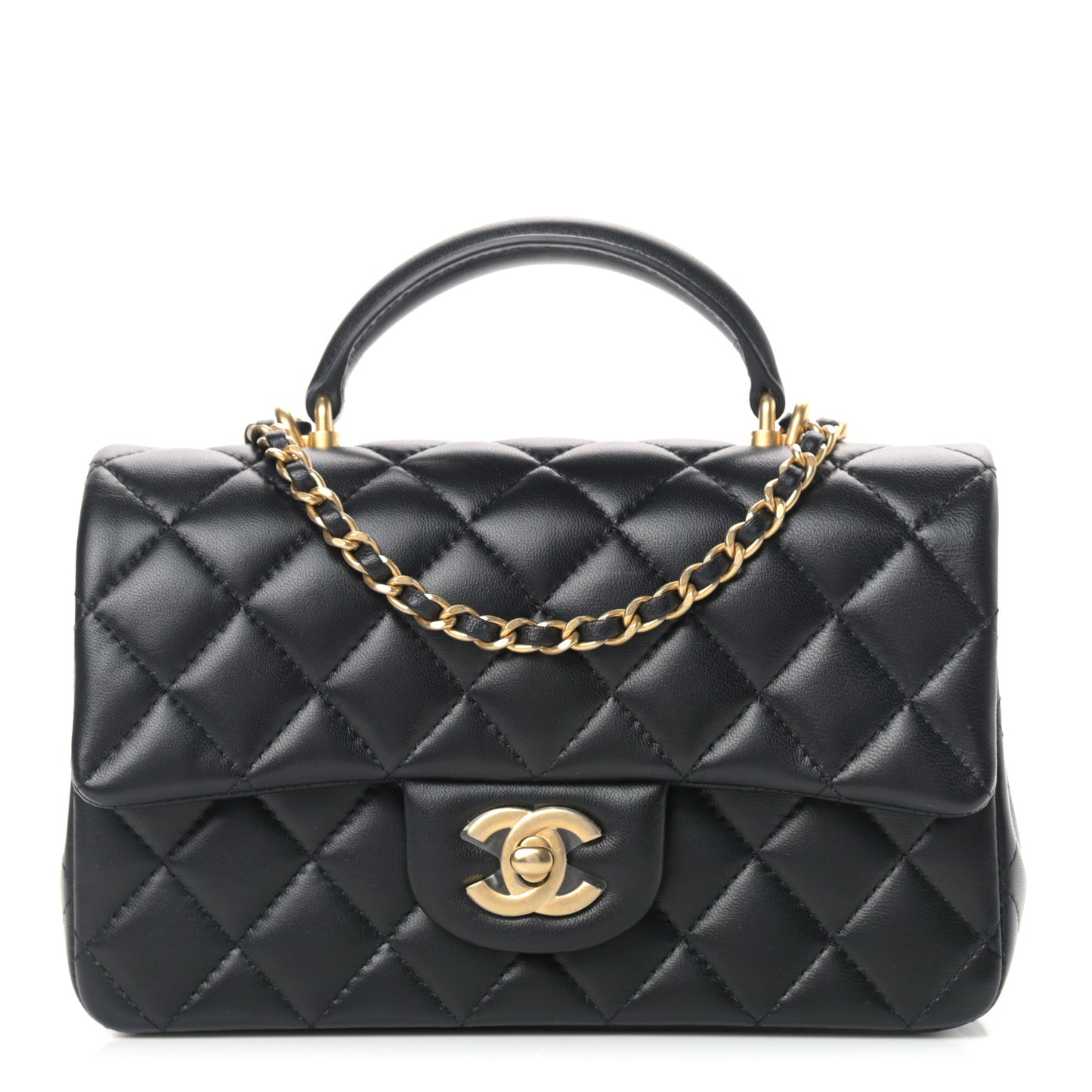 Lambskin Quilted Mini Top Handle Rectangular Flap Black