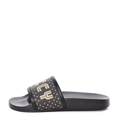 Gucci X SEGA Supreme Canvas GUCCY Stars Womens Slide Sandals 34 Black Gold 1 of 8