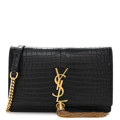 Saint Laurent Calfskin Crocodile Embossed Kate Monogram Tassel Chain Wallet Black 1 of 13