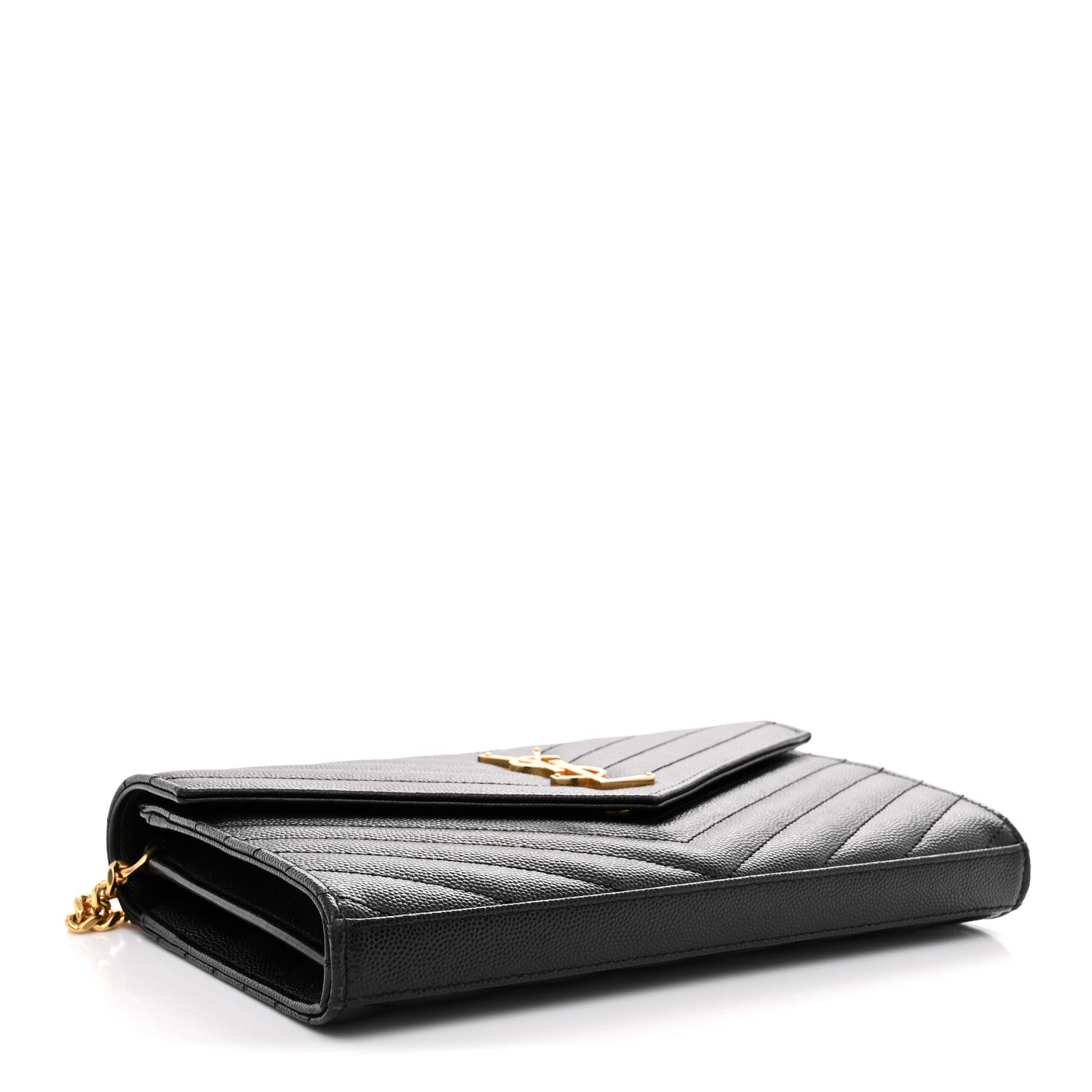 Saint Laurent Grain De Poudre Matelasse Chevron Monogram Chain Wallet Black 4 of 10