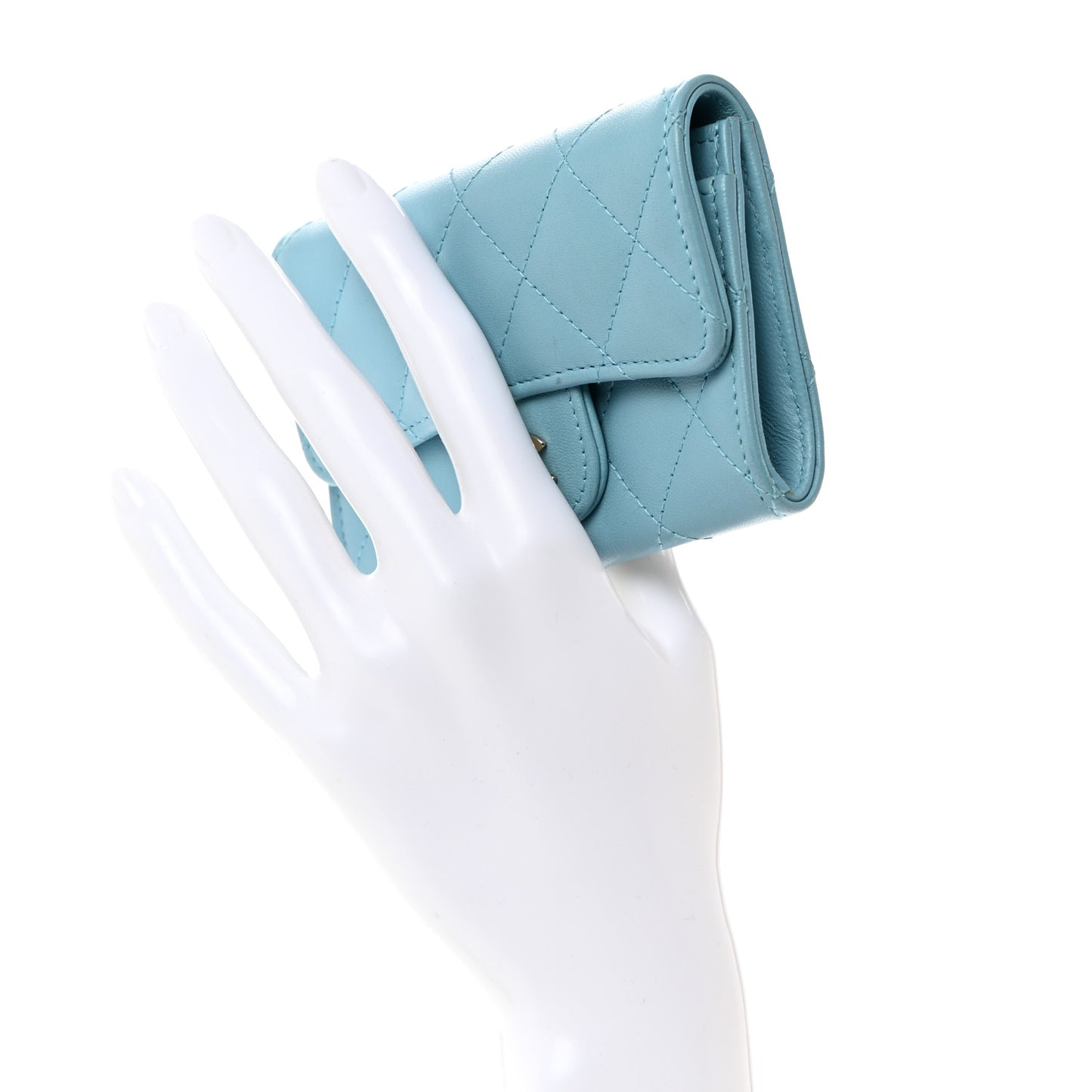 Lambskin Quilted Flap Card Holder Wallet Light Blue