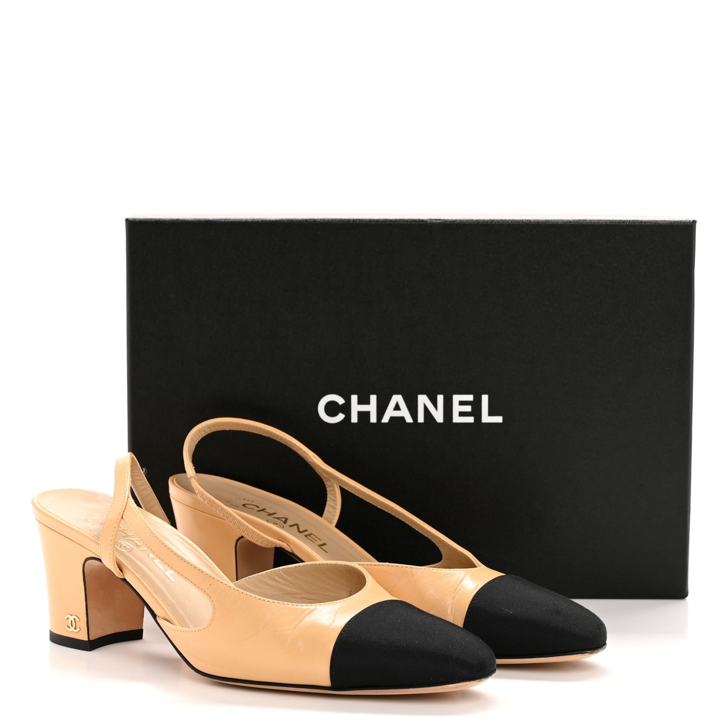 Goatskin Grosgrain Cap Toe CC Slingback Pumps 38.5 Beige Black